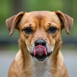 closeup portrait of a small brown dog licking its nose with its tongue in central park, natural light, sharp, detailed face, magazine, press, photo, Steve McCurry, David Lazar, Canon, Nikon, focus