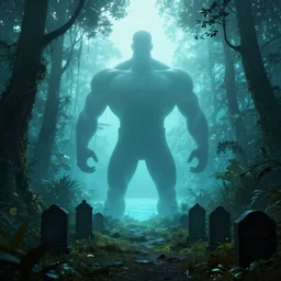 dark foggy backlit jungle with lake, backlit graveyards and muscular oversized skeleton silhouette backlit, cyan atmosphere , very detailed oil painting by frazetta with visible brushmarks, dramatic clouds , sunset panorama