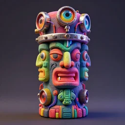 an opalescent claymodel of a multicolored steampunk tiki with three faces, wearing a steampunk helmet with multicolored irisdiscent tubes and shiny metallic devices, glowing red and blue wires out of the forehead, 3 d render, crisp, trippy aztec, 8 k, fluorescent colors, insanely integrate