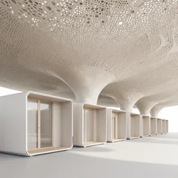 a series of standalone modern cabins connected by a porous, organic canopy. architectural rendering, perspective image, photorealistic lighting.