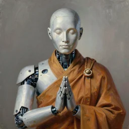 portrait of a robot zen monk, detailed realism in painting, detailed beautiful portrait, oil painting masterpiece, 8 k resolution, smooth, sharp focus, trending on artstation, by rembrandt