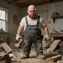 grumpy chunky bald handyman, mechanical powertools as hands, unkept facial hair, wrecks dusty old home, full body, hyperrealistic absurdist digital art masterpiece, highly detailed neo pop surrealism, jason limon kay sage hannah yata, dramatic lighting, low angle, uhd 8 k, sharp focus