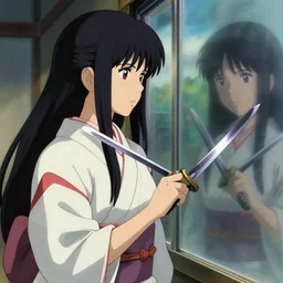 advanced digital anime art, photograph , elegant woman with silver and red eyes wearing a kimono and cutting long black hair with a katana while looking into the reflection of a glass window, painted by Miyazaki Hayao in the style of Makoto Shinkai, very high detail, medium sensor , Gaussian blur, f/stop, 35mm —W 1920 —H 1080