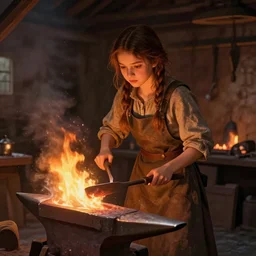 portrait of a young girl working in a blacksmith's forge, fantasy art, fire, digital art, unreal engine, lowbrow in the style of alexander jansson and mark ryden and lilia alvarado,