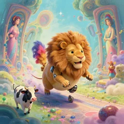 a dreamy otherworldly 3 d render of anthropomorphic cyborg rodent!!!!!! ( ( ( lion ) ) ) chicken cow traveling through portals of time, studio ghibli, pixar and disney exploded - view drawing, sharp, disney octane render splatter paint vray by shinji kimura and alphonse mucha and alena aenami, maximalist pastel color palette,