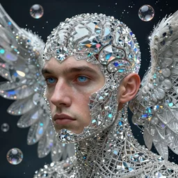 realistic extremely detailed diamond 3d fractal lace iridescent bubble 3d skin photo style portrait painting of an average angel man with exposed clear brain , retro futuristic ,water , style hybrid mix of beeple,Anton Pieck,Jean Delville, Amano,Yves Tanguy, Alphonse Mucha, Ernst Haeckel, Edward Robert Hughes,Stanisław Szukalski and  Roger Dean, rich moody colors,diamond dust glitter and sparkles,krypton ion,blue eyes,octane render,4k,f32