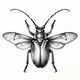 a long horn bug with ornamented wings, drawing, dot art, charcoal art, serigraphy, ink, soviet art, monochrome, desaturated, low contrast, 8 k, dot, line, bezier curve, ray tracing ambient occlusion