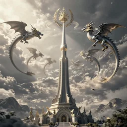 a tall spire from the distance, dragons are circling it