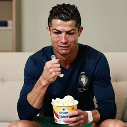 a promo portrait of cristiano ronaldo crying in a sofa, eating a bucket of ice cream, sad, angry, unhappy,