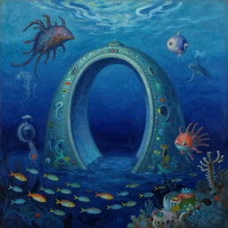 intergalactic stargate portal in the middle of a deep ocean, with strange sea creatures swimming around it and a school of fish in the foreground by sonia delaunay