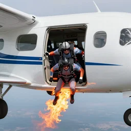 People skydiving into flames out of an airplane with the door open