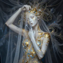 a wide portrait of a beautiful mysterious girl, porcellaine skin with golden tears, hiding face and torso behind beautiful intricate semitransparent cloth, dramatic lighting, intricate translucent feathers, splashy intricate thick paint texture on the face and body, intricare abstract flower arrangement, gold and blue palette