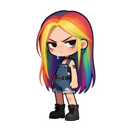 a cute grungy alternative chibi woman with rainbow hair, drunk, angry, soft eyes and narrow chin, dainty figure, long hair straight down, torn overalls, short shorts, combat boots, basic white background, side boob, symmetrical, single person, style of by Jordan Grimmer and greg rutkowski, crisp lines and color,