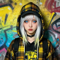 highly detailed portrait of a sewer punk lady student, blue eyes, tartan hoody, hat, white hair by atey ghailan, by greg rutkowski, by greg tocchini, by james gilleard, by joe fenton, by kaethe butcher, gradient yellow, black, brown and cyan color scheme, grunge aesthetic!!! ( ( graffiti tag wall ) )