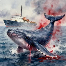 a watercolor painting of a whale bleeding on the ocean near a ship, 3 d render, hyper - detailed, dark art, horror art, digital art, realistic painting, smooth effect, part by beksinski, part by carl gustav carus with red blood brushstrokes by swanland raymond.