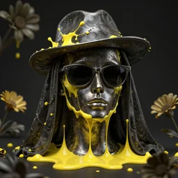 a head made out of melting metal, dark palette, it is wearing sunglasses and a hat and a veil, there are flowers all around it, yellow paint melting, vogue cover style, depth of field, demonic style, smooth fractal style, ethereal fantasy style, 3 d perfect render style, horror style
