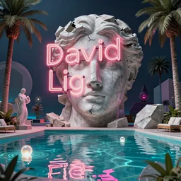 David Ligare masterpiece, neon sign, hyperrealistic surrealism, award winning masterpiece with incredible details, beautiful lighting, pool caustics, illuminated orbs, epic stunning, infinity pool, a surreal vaporwave liminal space, highly detailed, trending on ArtStation, broken giant marble head statue ruins, calming, meditative, geometric liminal space, palm trees, very vaporwave, very very surreal, sharp details