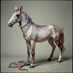 a perfect hyperrealist painting of a squid horse, leg tentacle transplant and a mane of tentacles. 3 5 mm film photograph in style of stubbs whistlejacket. fine art, gallery lighting, solemn, and exquisite