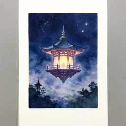 centered on watercolor paper, paint brush strokes, watercolor painting of a hovering miniature shrine, holy, enchanted, iridescent and ethereal in landscape on dreamy night, oriental, cinematic light, in the style of noriyoshi ohrai