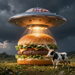 UFO in shape of a burger tractor beam cow