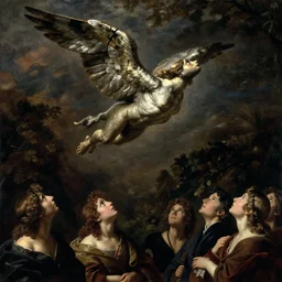 melancholic, placid low - key lighting by giovanni battista gaulli. a photograph of a winged creature, flying high above a group of people in a dark, wooded area. the creature's wings are spread wide & its head is turned upwards, looking towards the sky. people below looking up at creature awe & fear.