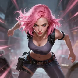 gamergirl, perfectly-centered-photograph of young Christina Hendricks dressed like a gamergirl with pink hair looking at the camera, hands not visible, sweaty, wet, dynamic action pose, insane, intricate, highly detailed, digital painting, artstation, concept art, smooth, sharp focus, illustration, Unreal Engine 5, 8K, art by artgerm and greg rutkowski and alphonse mucha