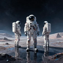 martian surface illustration with astronauts standing illustraion, utopian, tech noir, wet reflections, prism, atmospheric n 1