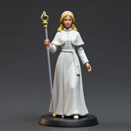 80mm resin detailed miniature of a beautiful bishop lady, clothed in white dress, long wand, olive skin, long blond hair, beautiful bone structure, symmetrical facial features, Product Introduction Photos, 4K, Full body