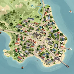 overhead dnd map of a small suburban coastal town with large buildings by mike schley, rhads, ray swanland, brian patterson
