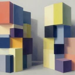 abstract geometric art made of boxes of varied sizes and colours, arranged like modern architecture in bauhaus and paul rudolph style, two point perspective, 5 0 mm focal lens, analogous complementary colour scheme, hyperrealism, octane render