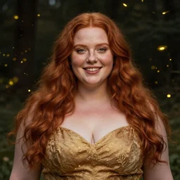 a happy a young woman, among the lights of golden fireflies and nature, long loose red hair, intricate details, green eyes, freckles on the nose, round gentle face, full figure portrait, sophisticated dress, golden ratio, high contrast, photorealistic digital art by artemisia lomi gentileschi and caravaggio and tomacz alen kopera.