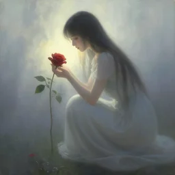lonely rose, woman caring for the rose, beautiful face, long dress, fantasy world, ethereal back light, mist, coherent composition, detailed fantasy painting, noriyoshi ohrai, yuumei,