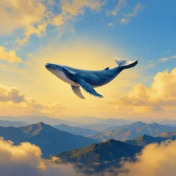 symmetrical post - minimalism landscape of a sky whale, bird's eye view,, golden clouds, mountain range, vibrant color scheme, highly detailed, in the style of romanticism, cinematic, artstation, moebius, greg rutkowski
