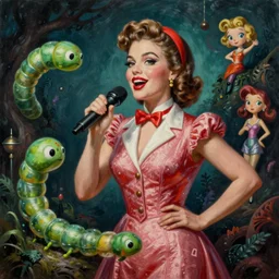 a photorealistic highly detailed painting of a beautiful vintage 1 9 5 0's game show host morphing into a worm by johfra bosschart, lisa frank, kinkade, visionary art, dark fantasy art, high detail, trending on artstation