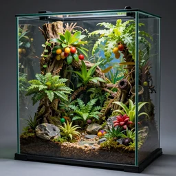 a multilayered closed terrarium made of thick glass containing a miniature jungle with exotic plant life, tiny rocks, tiny fruit trees, bonsai trees, natural mini gardens, acrylic painting by nick garbutt, artstation, concept art, award winning,