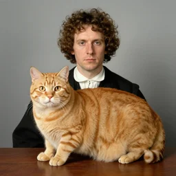 fat orange tabby cat, man with curly hair in american gothic by grant wood