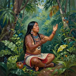 a beautiful realistic painting of an indigenous shipibo shaman, sitting in the jungle and calling upon the spirits of nature, vibrant colors, full body