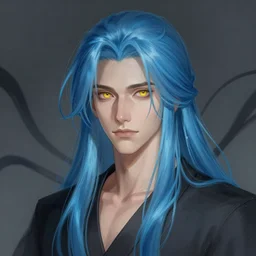 ilya kuvshinov with long sky blue hair, yellow irises, professional digital painting, concept art, unreal engine 5, 8 k, cinematic, wlop, tendrils in the background, art by greg rutkowski, pixiv art, junji ito, yoshitaka amano