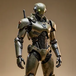 epic photograph. Tokyo 2094. Army exoskeleton fashion, Robotic mech parts, Eye shine. model standing, rim light, fill light. Studio, solid color background. Octane render, hyper-realistic, 8K, art photography, denoised photorealistic render, insanely detailed intricate