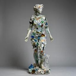 “Artemis statue made of pieces of glass and plastic bags, detailed but rough, 4k photo, great light and shadows, Sony 175mm”