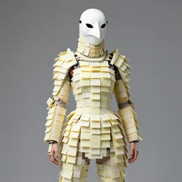 female adventurer in tight full - body sticky note stack chainmail - style paper armor made out of several hundred sticky note stacks and a white porcelain crow mask, trending in artstation, japanese, artstation, establishing shot