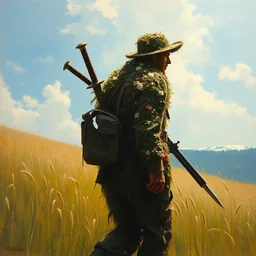 portrait of a sniper in ghillie suit covered with flowers, carrying long sword on back, facing the view, walking in summer field, blue sky, detailed, painting by craig mullins, james jean, caspar david friedrich, oil painting, depression tone, radiant light