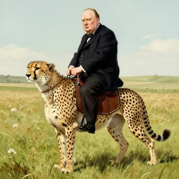 Winston Churchill riding a cheetah, artwork by Artgerm