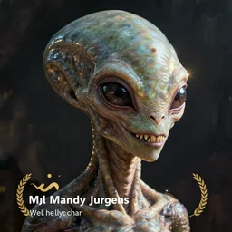 portrait of a humanoid alien, sharp teeth, big eyes, by mandy jurgens