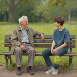 painting of old man smiling while sitting on park bench watching his younger self
