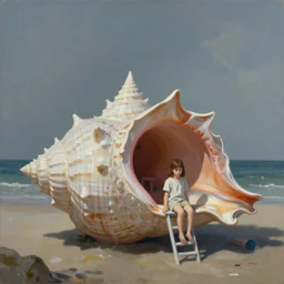 painting of a single giant seashell house where a young girl lives by moebius and john harris, atmospheric, concept art