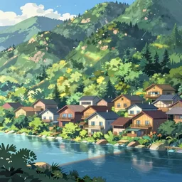anime!!!! small town in mountain landscape, cute warm modern architecture, lush green, blue, anime style, water, sunny