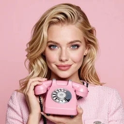 portrait photograph of an extremely beautiful!!!! blond young female , symmetric face!, symmetric round detailed eyes!!, slight smile, studio light, wearing pink chanel outfit !! hodling a pink vintage phone l! plain pink studio background. looking at the camera!!. . super resolution. Extremely detailed. fashion editorial