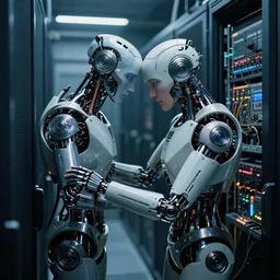 high detailed industreal cyborg working in sci - fi server room. cinematic shot from odyssey 2 0 0 1 by stanley kubrick