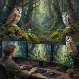 computer screens in a forest, portrait of owls looking at computer screens in a beautiful witch forest moss plants, 4 k oil on linen by wlop, artgerm, andrei riabovitchev, nuri iyem, james gurney, james jean, greg rutkowski, highly detailed, soft lighting 8 k resolution oil on canvas, concept art, cgsociety, octane render